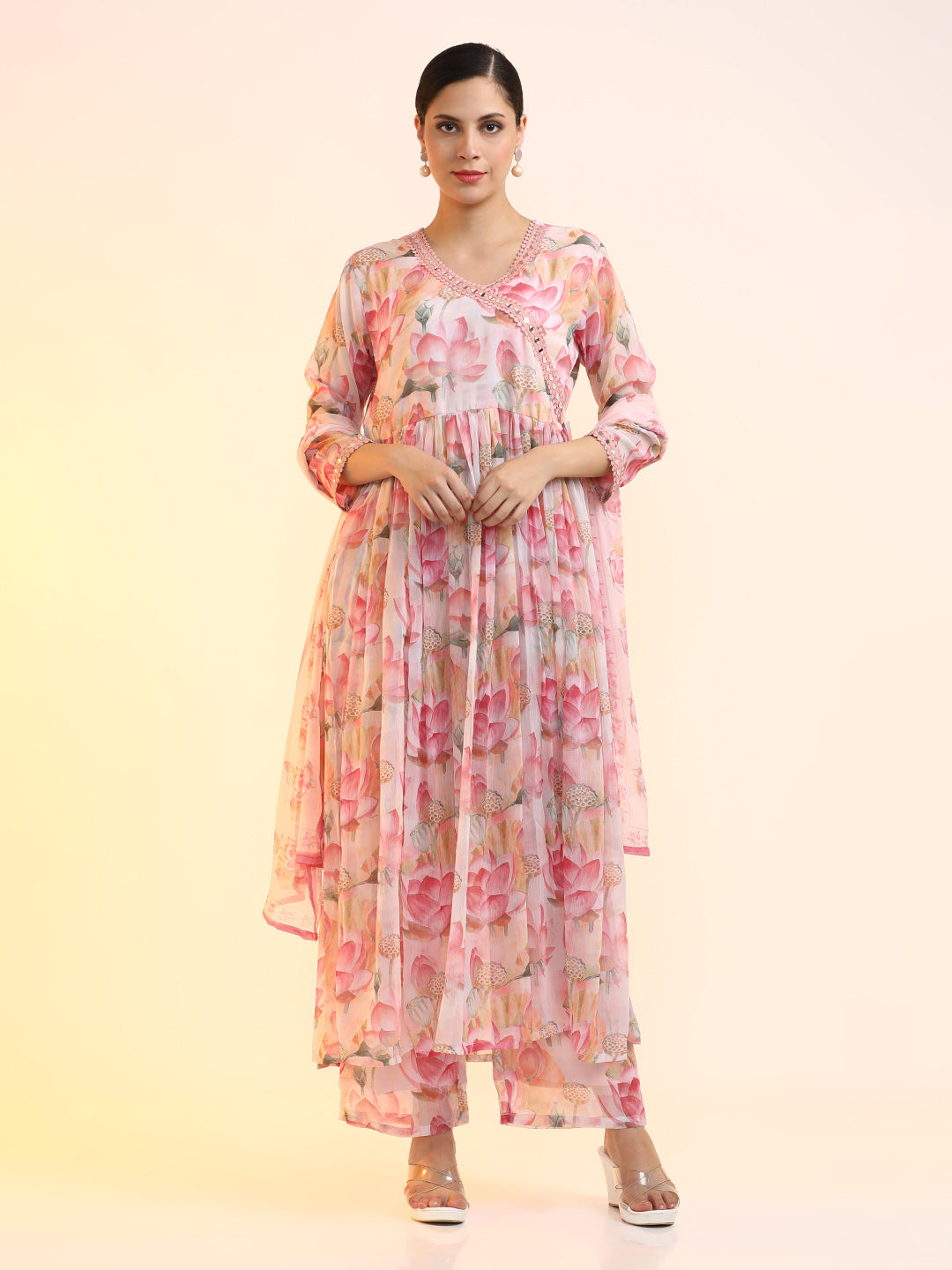 Embroidered Poly Chiffon Floral Kurta Sets With Dupatta