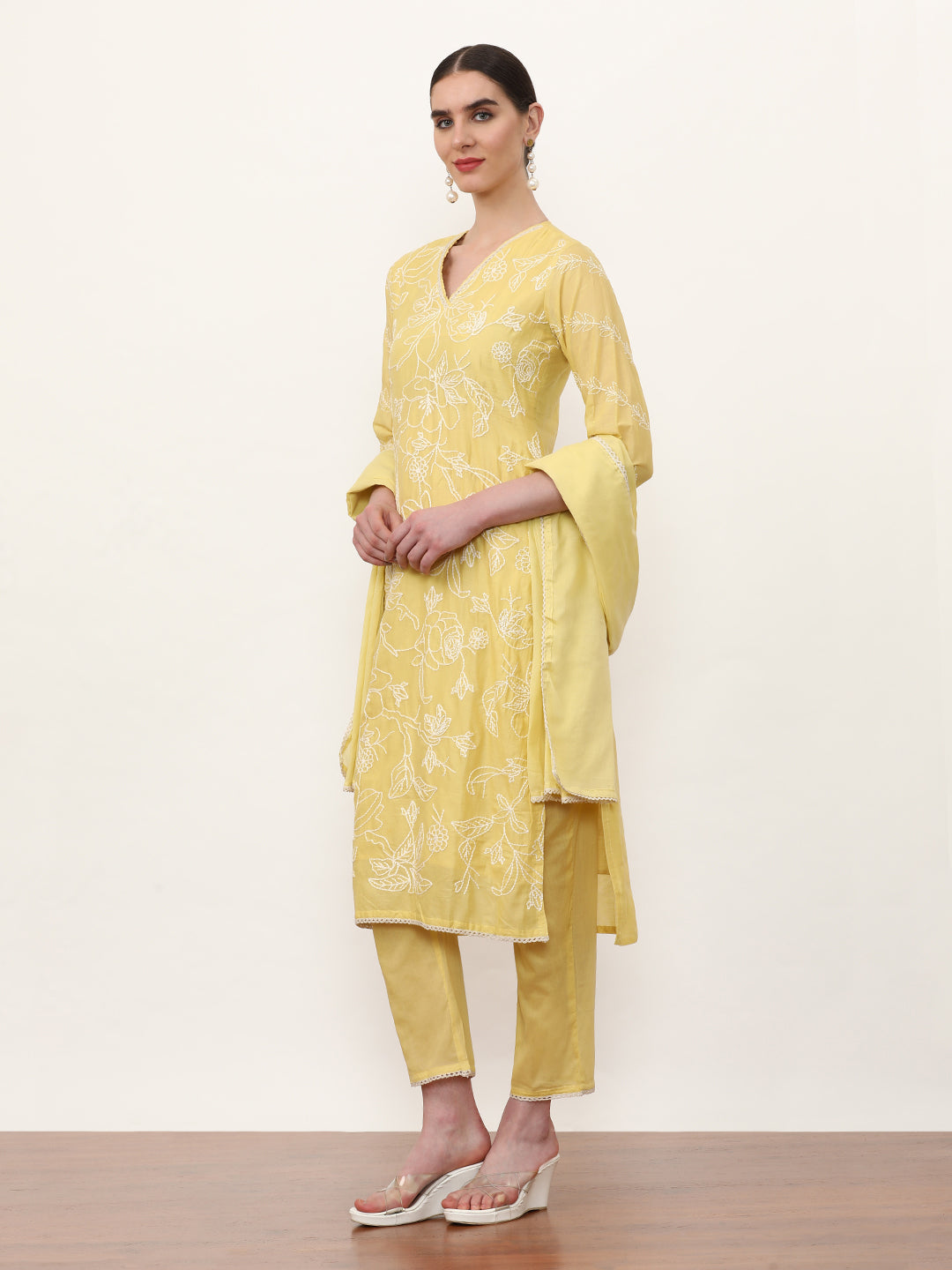 Embroidered Pure Cotton Floral Kurta Sets With Dupatta