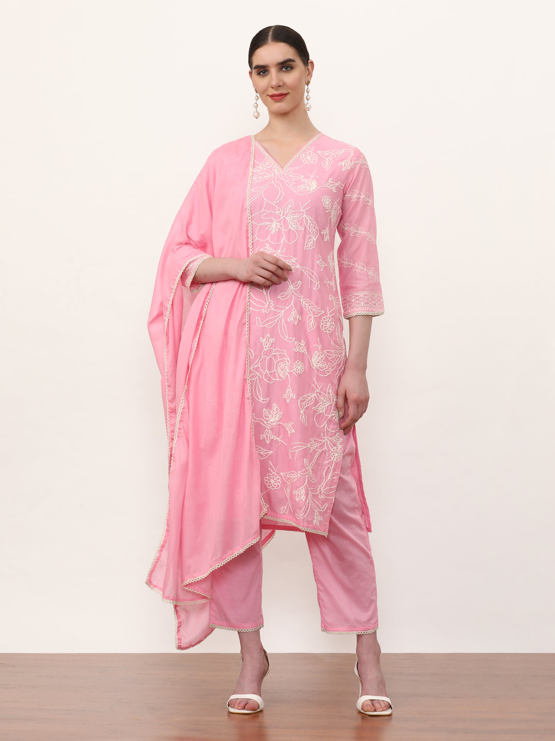 Embroidered Pure Cotton Floral Kurta Sets With Dupatta