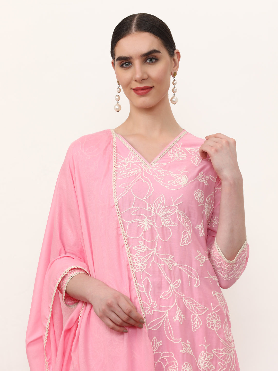 Embroidered Pure Cotton Floral Kurta Sets With Dupatta