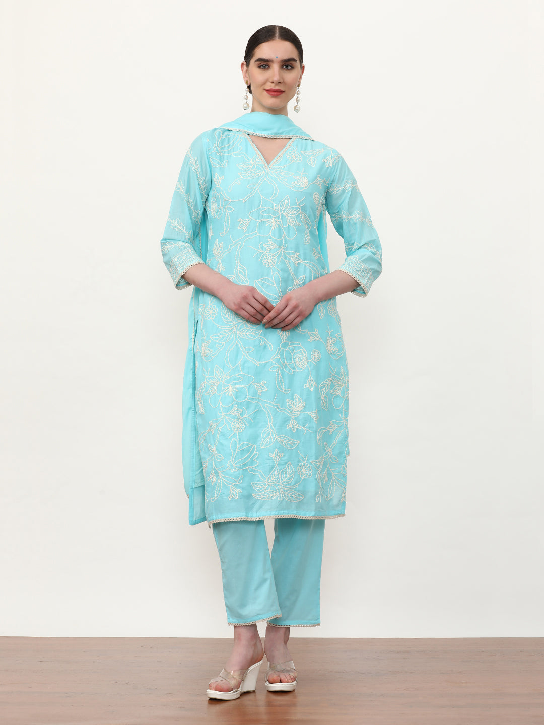 Embroidered Pure Cotton Floral Kurta Sets With Dupatta
