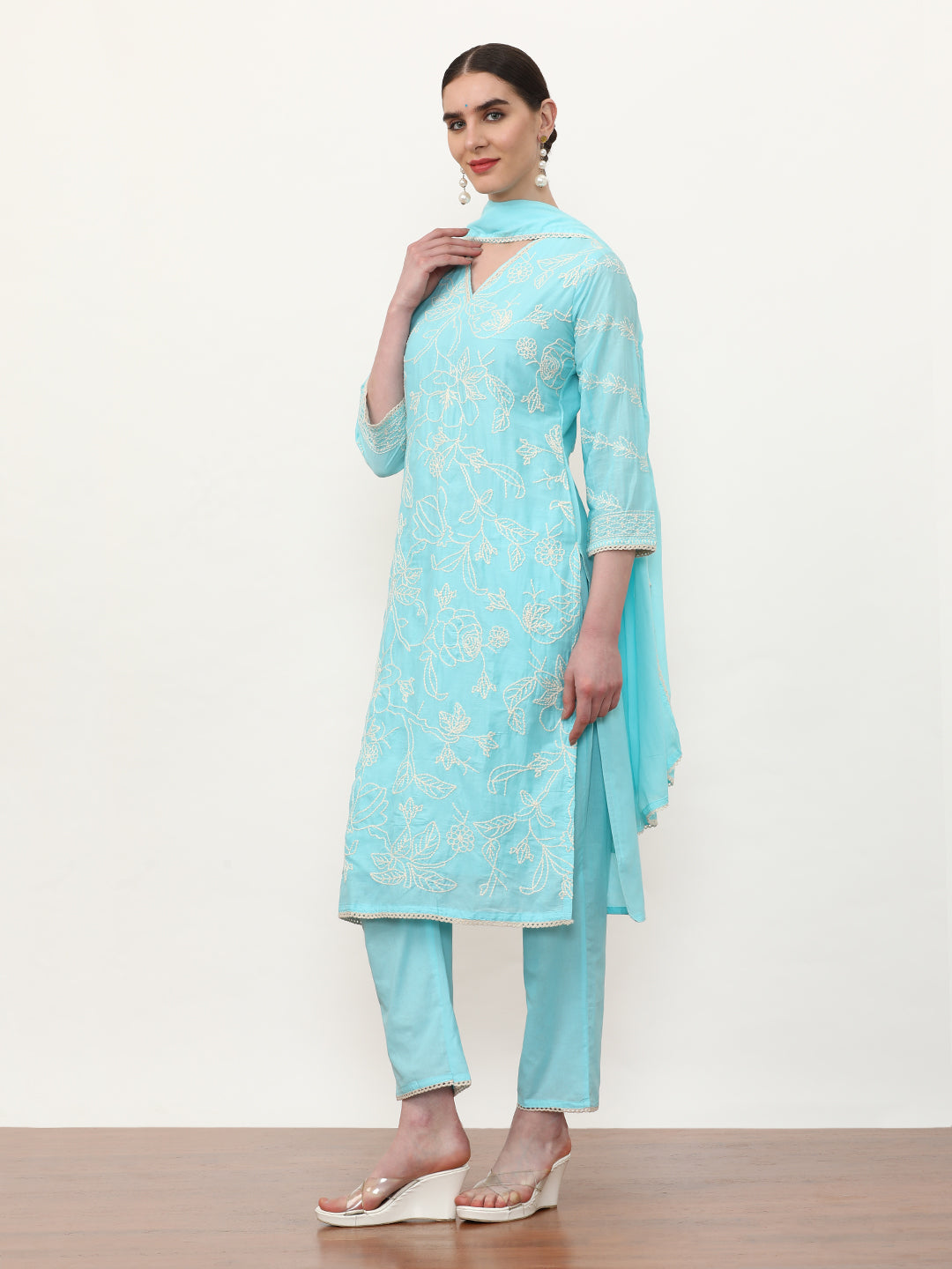 Embroidered Pure Cotton Floral Kurta Sets With Dupatta