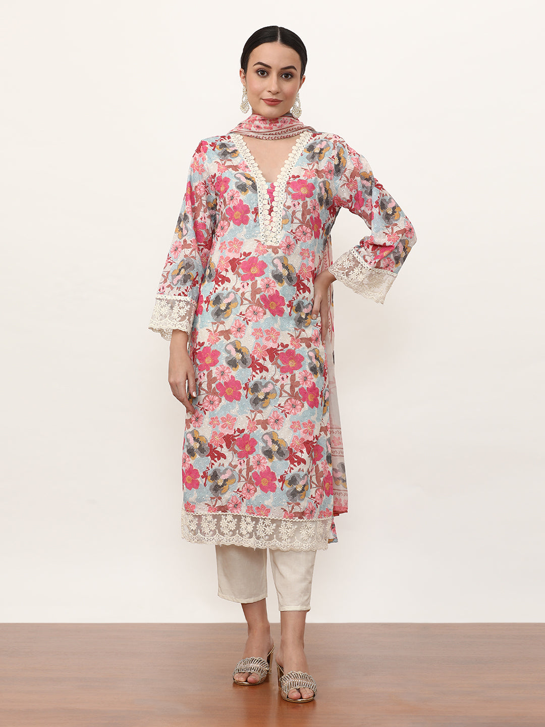 Embroidered Pure Cotton Floral Kurta Sets With Dupatta