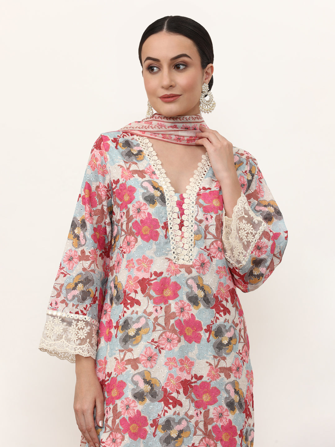 Embroidered Pure Cotton Floral Kurta Sets With Dupatta
