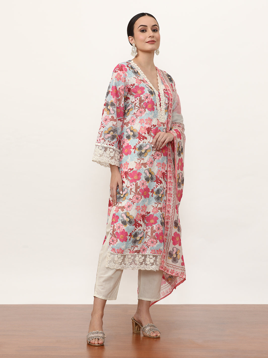 Embroidered Pure Cotton Floral Kurta Sets With Dupatta