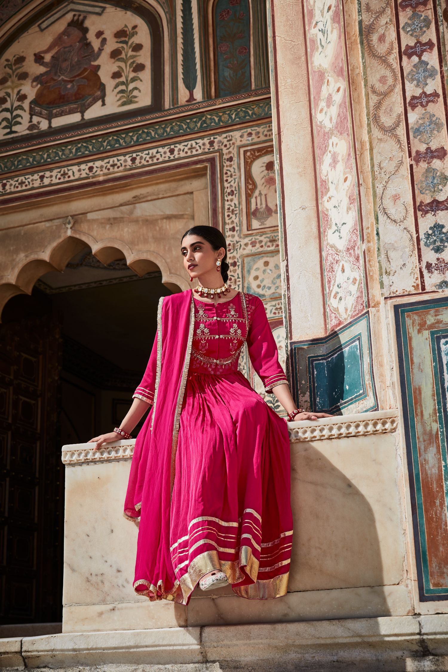 Pink Zardozi Work Floor Length Anarkali Kurta With Organza Embellished Dupatta