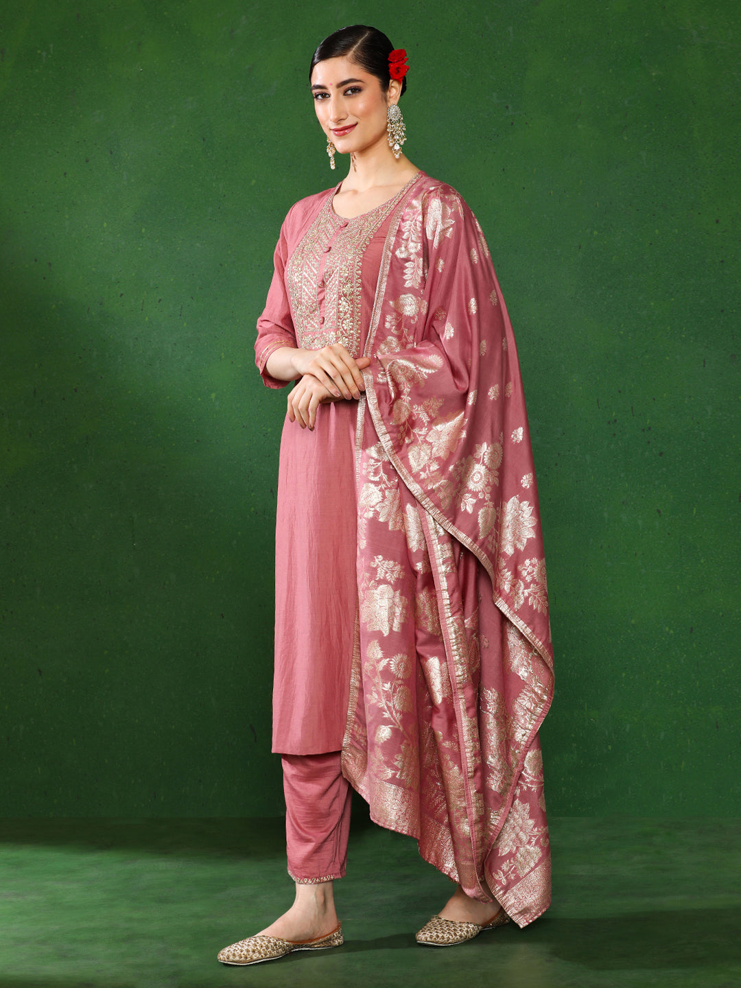 Solid Embroidered Straight Kurta & Trousers Sets