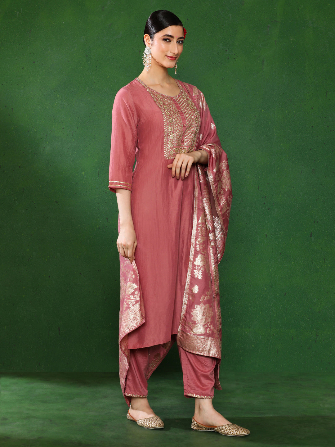 Solid Embroidered Straight Kurta & Trousers Sets