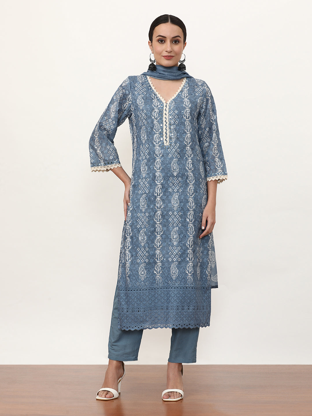 Embroidered Pure Cotton Paisley Kurta Sets With Dupatta