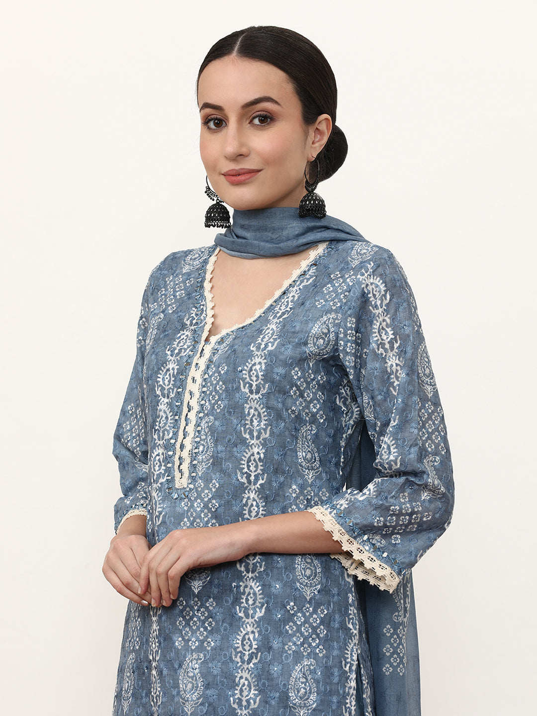 Embroidered Pure Cotton Paisley Kurta Sets With Dupatta