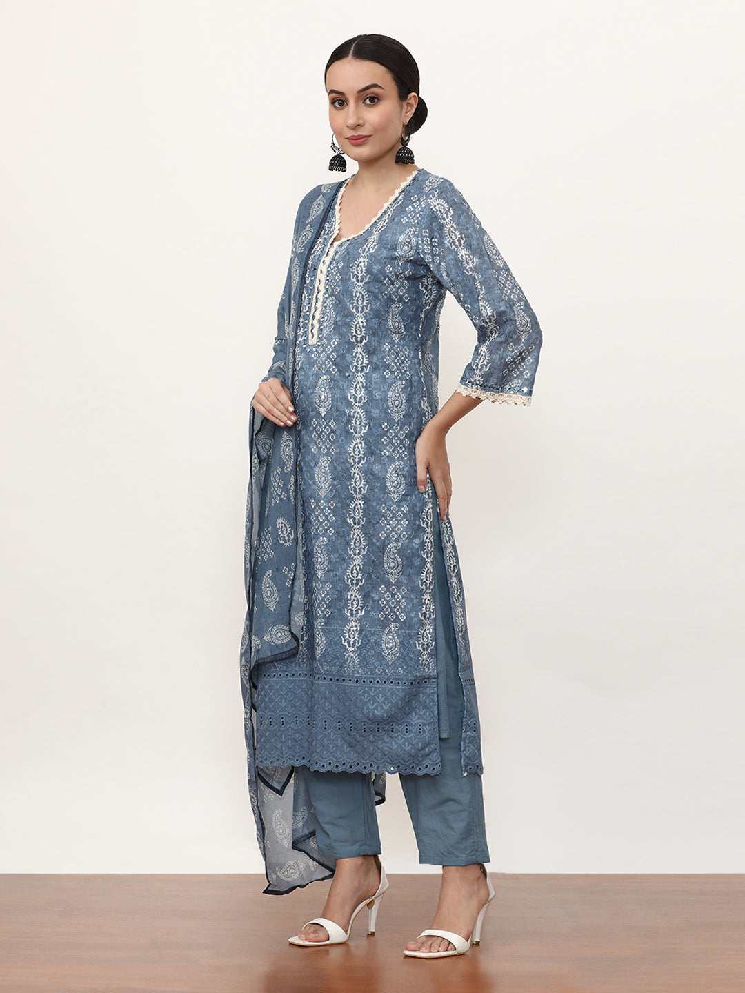 Embroidered Pure Cotton Paisley Kurta Sets With Dupatta