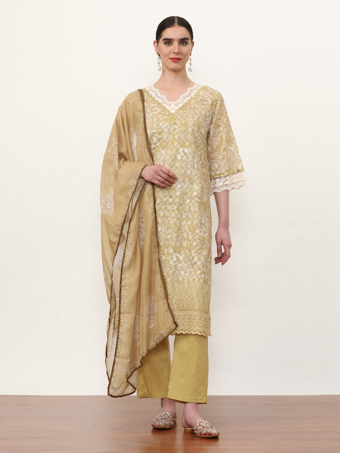 Embroidered Pure Cotton Floral Kurta Sets With Dupatta