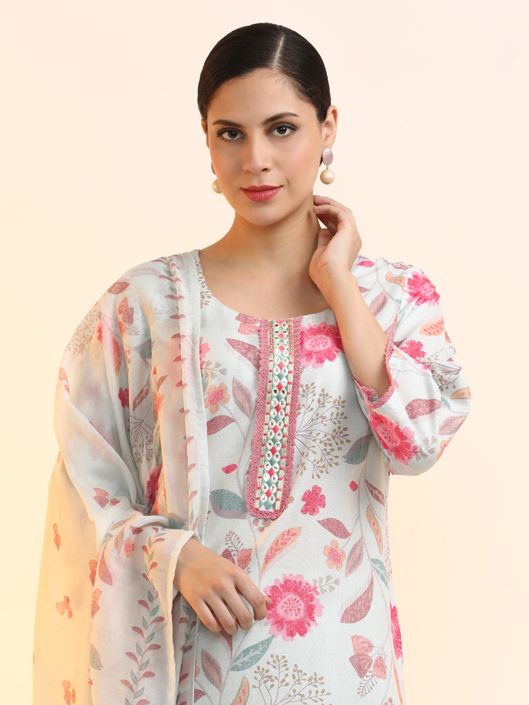 Embroidered Linen Floral Kurta Sets With Dupatta