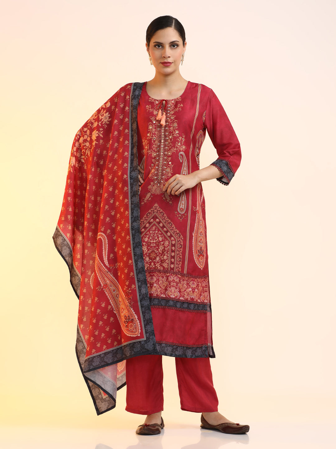 Printed Linen Floral Kurta Sets With Dupatta