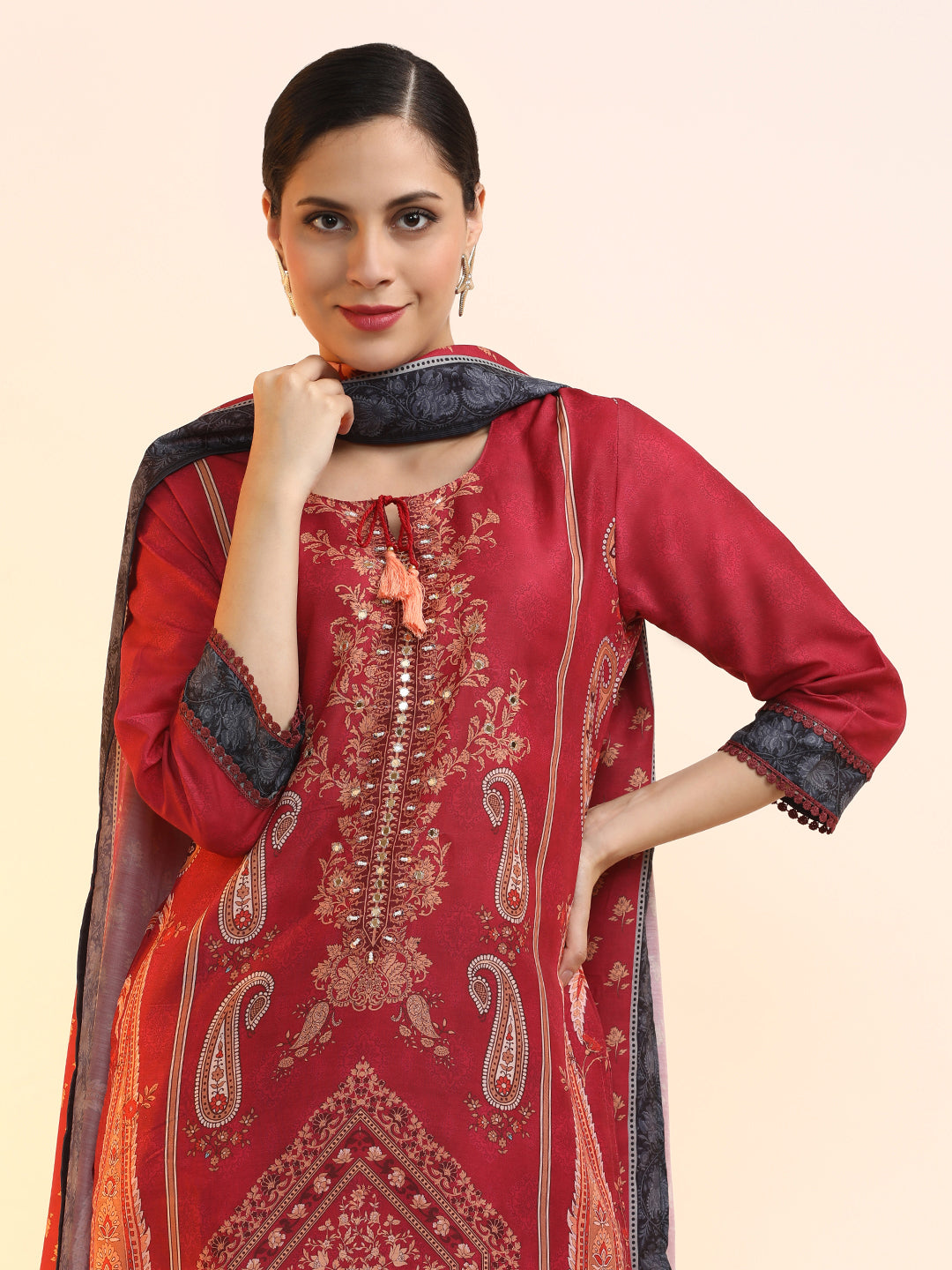 Printed Linen Floral Kurta Sets With Dupatta