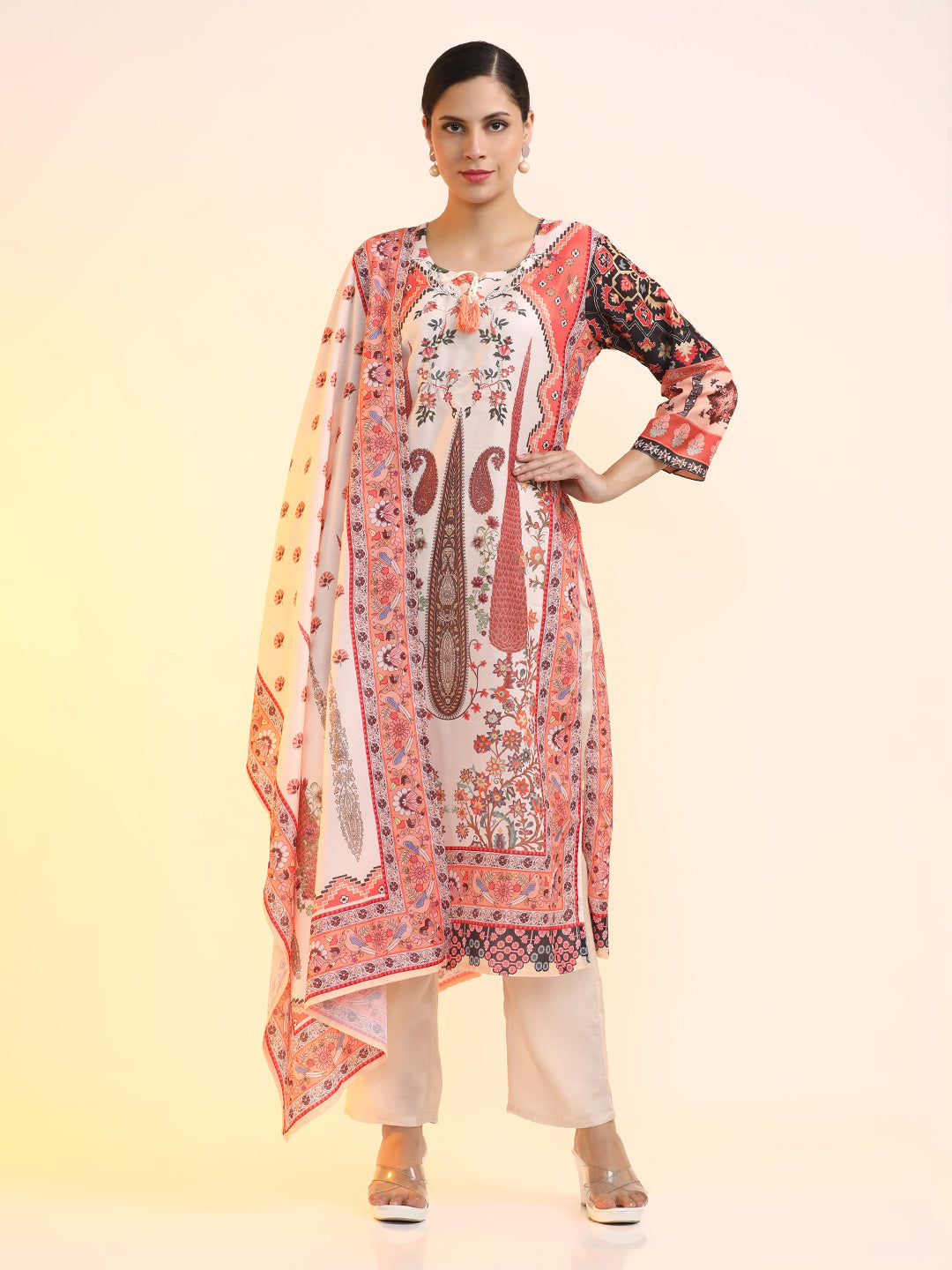 Printed Linen Floral Kurta Sets With Dupatta