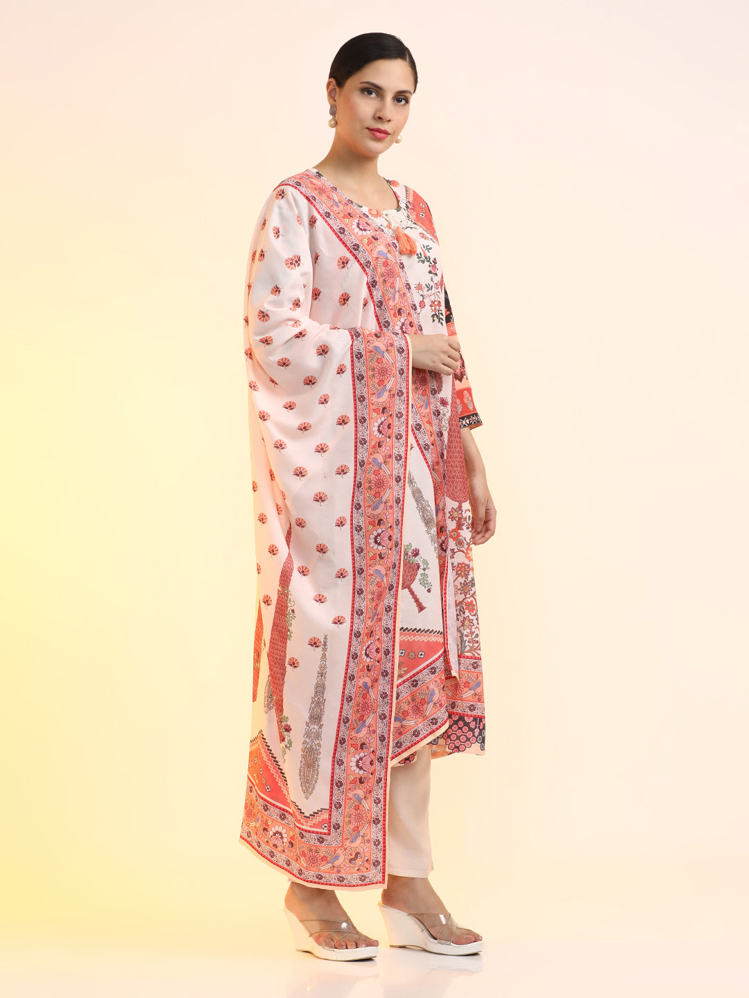 Printed Linen Floral Kurta Sets With Dupatta