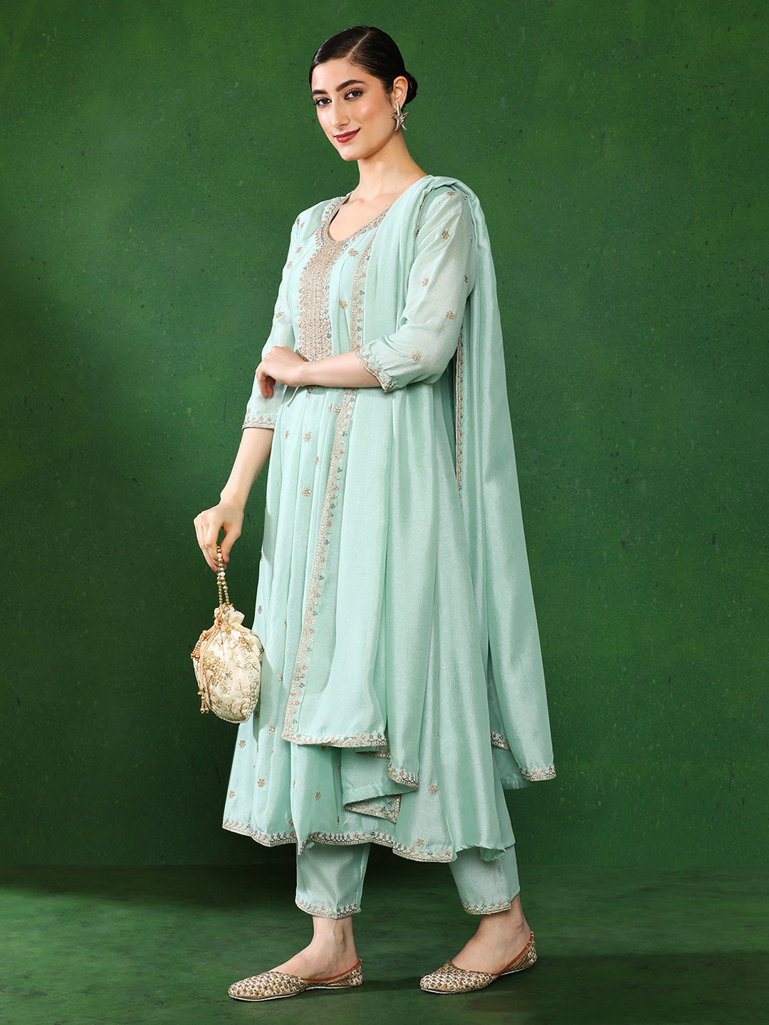 Floral Embroidered A-Line Kurta & Trousers Sets