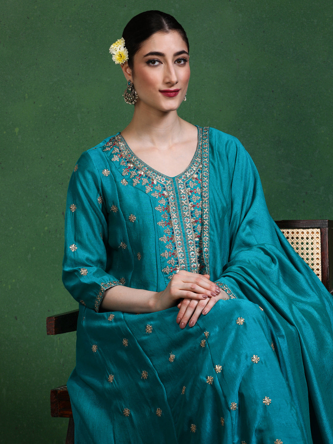 Floral Embroidered A-Line Kurta & Trousers Sets