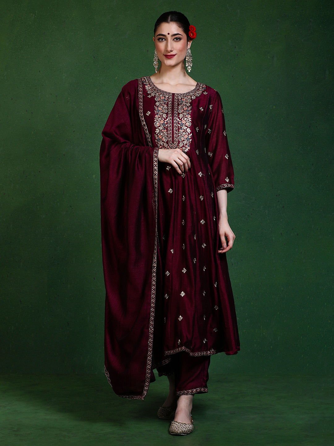 Floral Embroidered A-Line Kurta & Trousers Sets