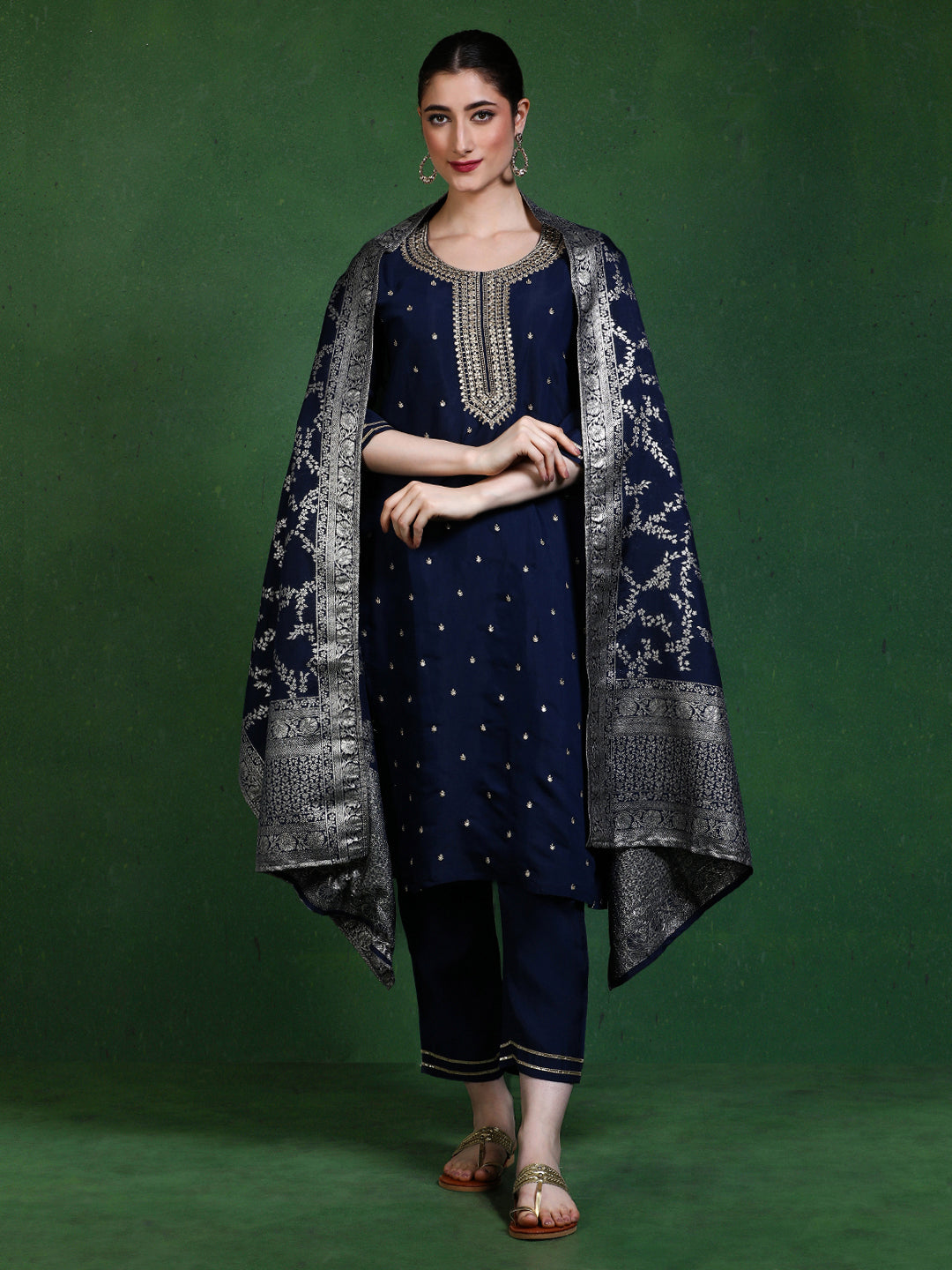 Floral Embroidered Straight Kurta & Trousers Sets