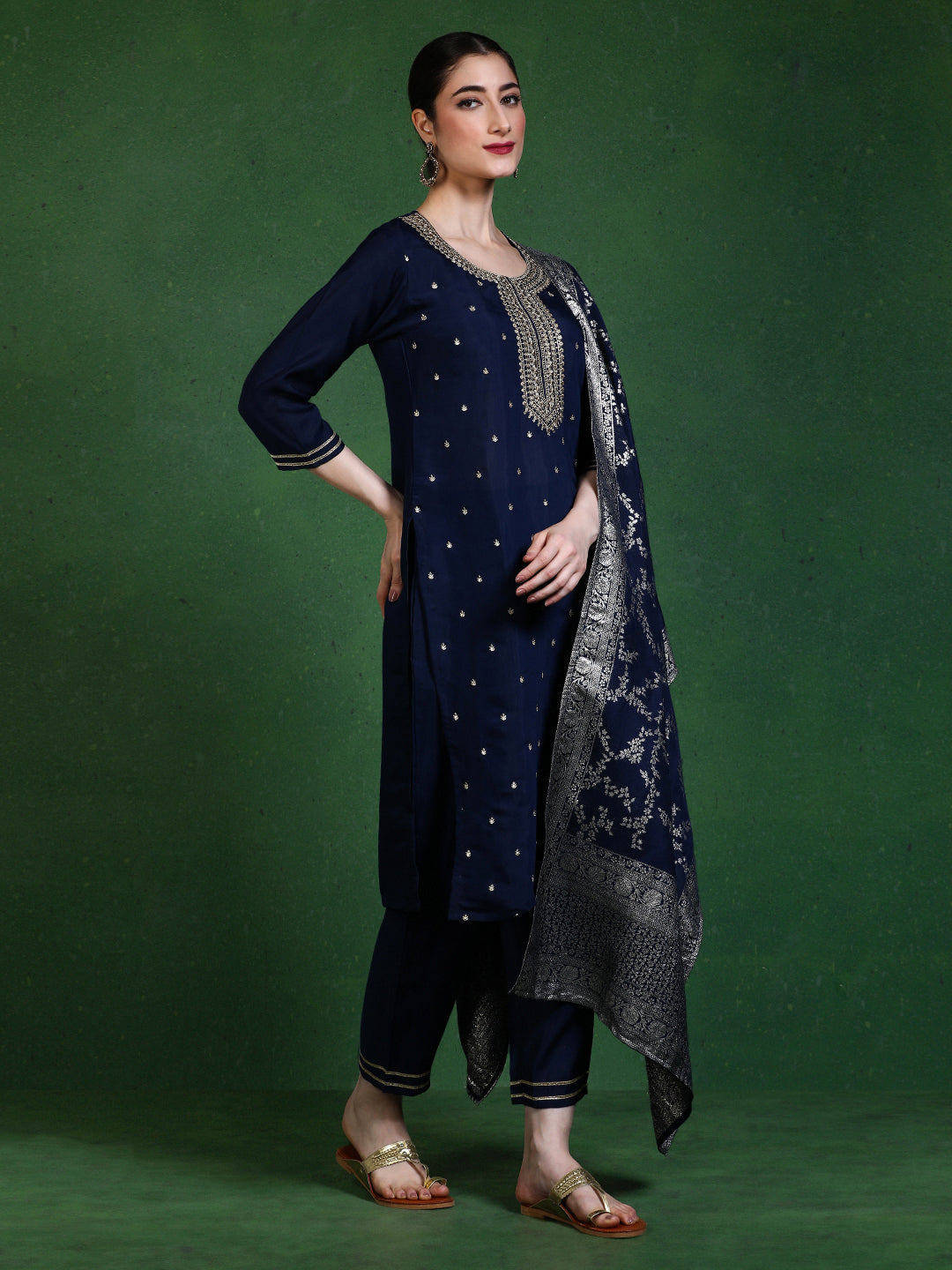 Floral Embroidered Straight Kurta & Trousers Sets