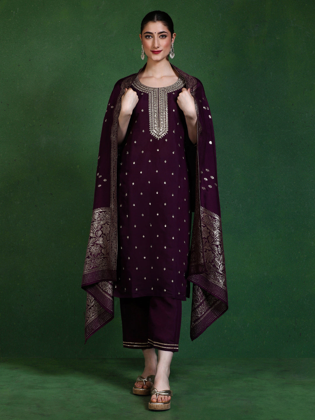 Floral Embroidered Straight Kurta & Trousers Sets