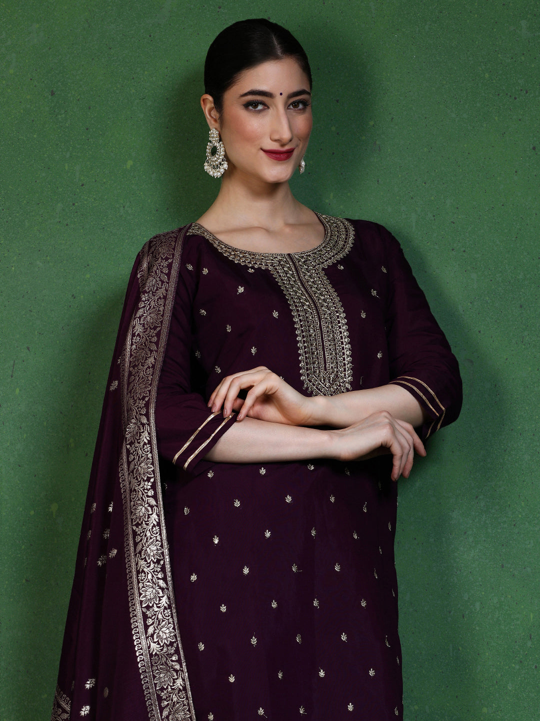 Floral Embroidered Straight Kurta & Trousers Sets