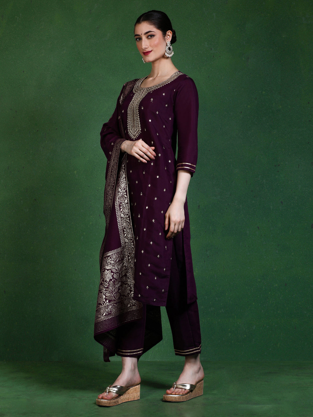 Floral Embroidered Straight Kurta & Trousers Sets