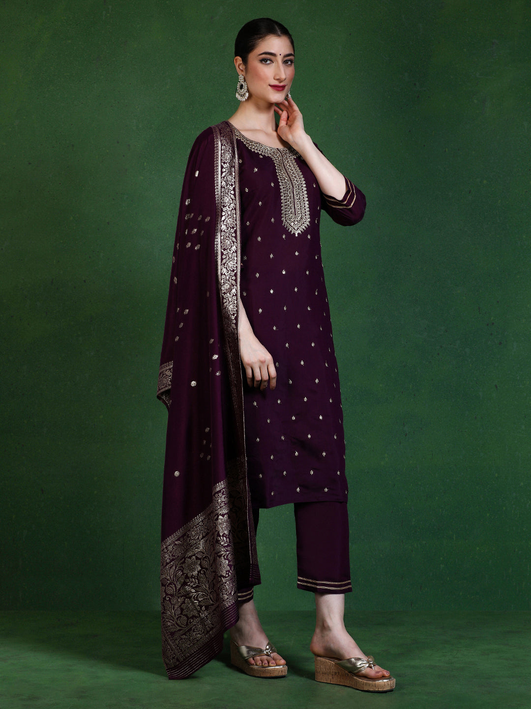 Floral Embroidered Straight Kurta & Trousers Sets
