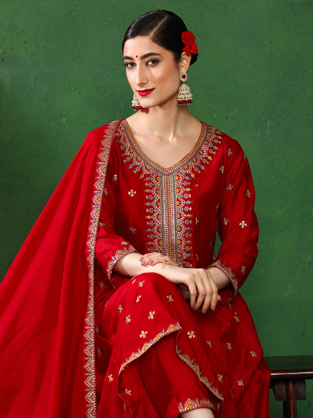 Floral Embroidered A-Line Kurta & Trousers Sets