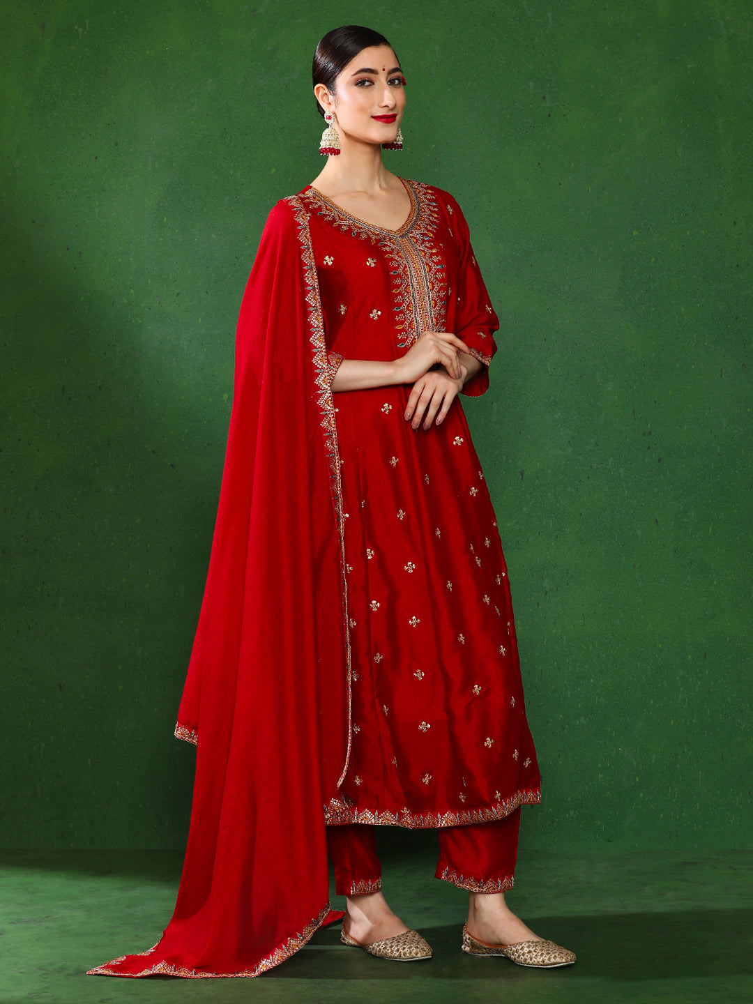 Floral Embroidered A-Line Kurta & Trousers Sets