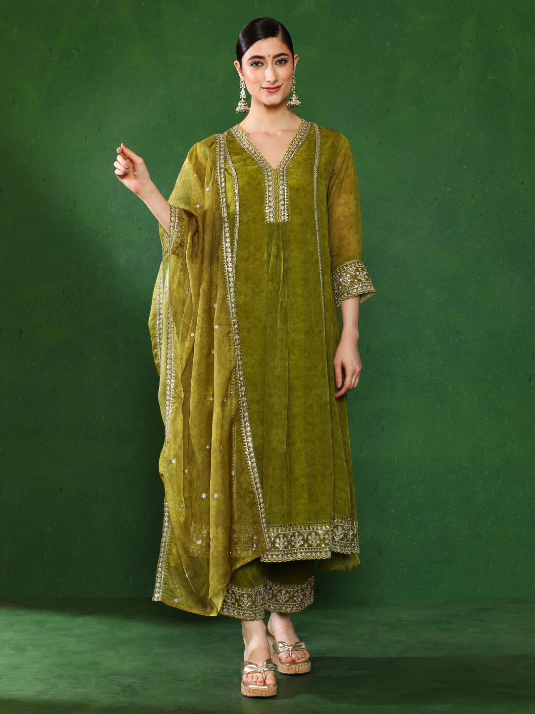 Floral Embroidered A-Line Kurta & Trousers Sets