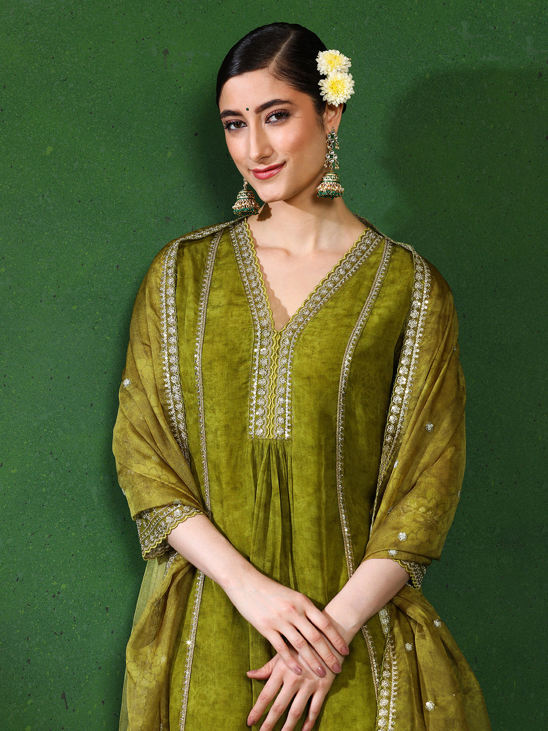 Floral Embroidered A-Line Kurta & Trousers Sets