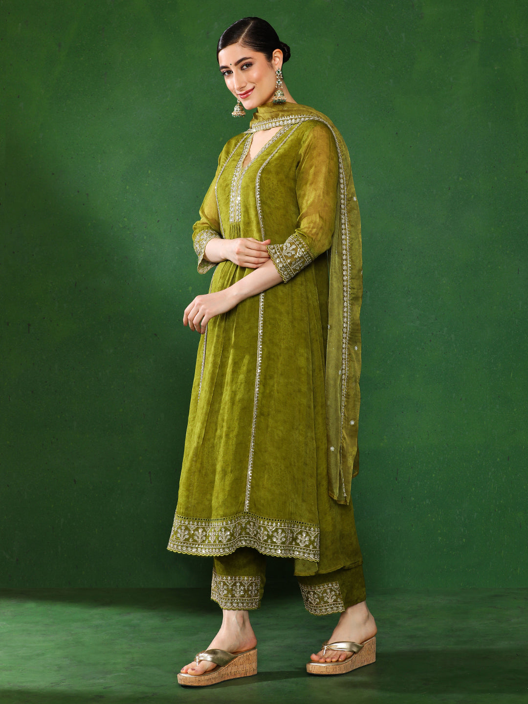 Floral Embroidered A-Line Kurta & Trousers Sets