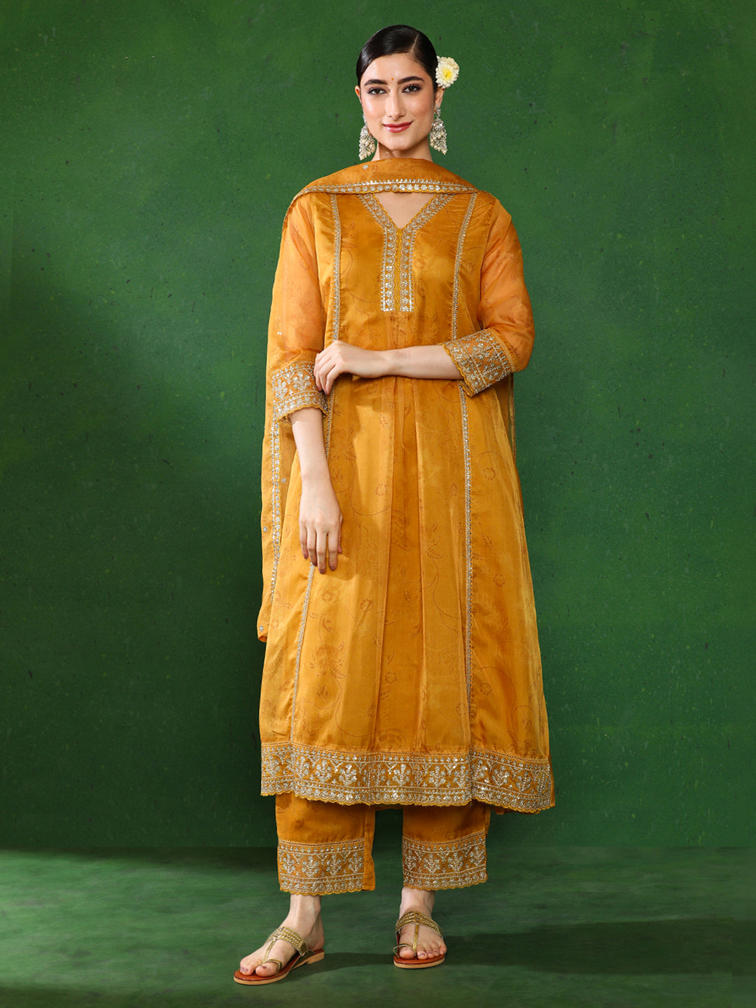 Floral Embroidered A-Line Kurta & Trousers Sets