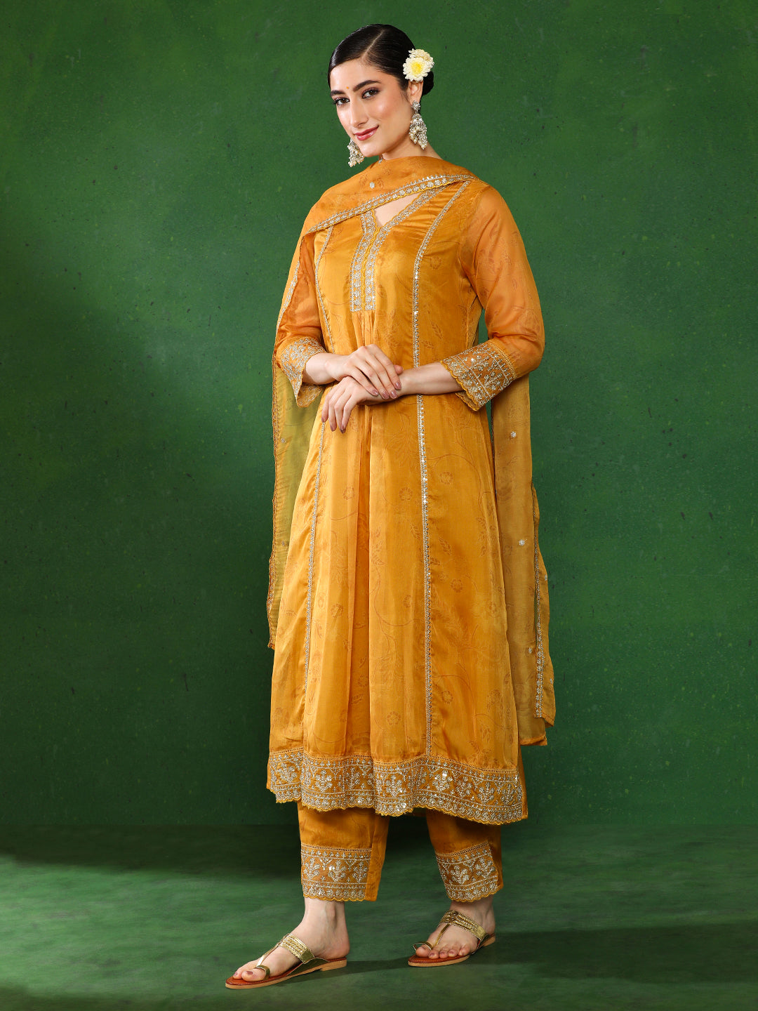 Floral Embroidered A-Line Kurta & Trousers Sets