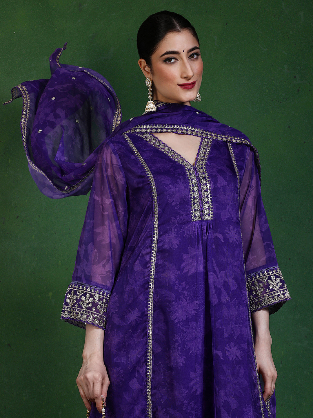 Floral Embroidered A-Line Kurta & Trousers Sets