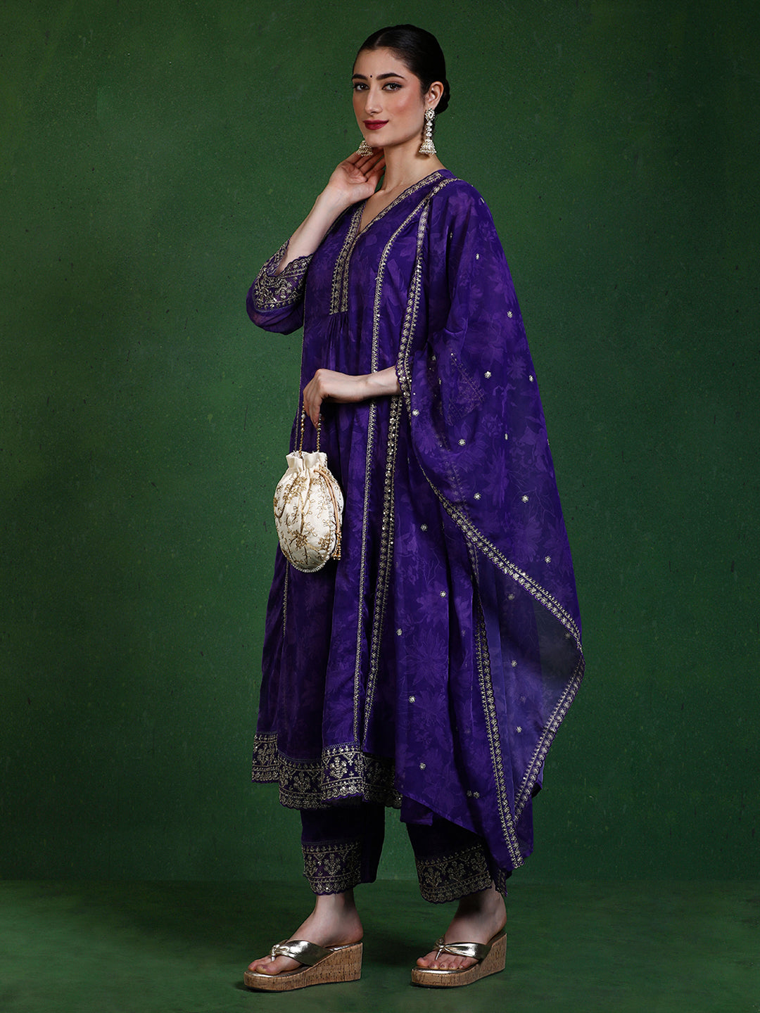 Floral Embroidered A-Line Kurta & Trousers Sets