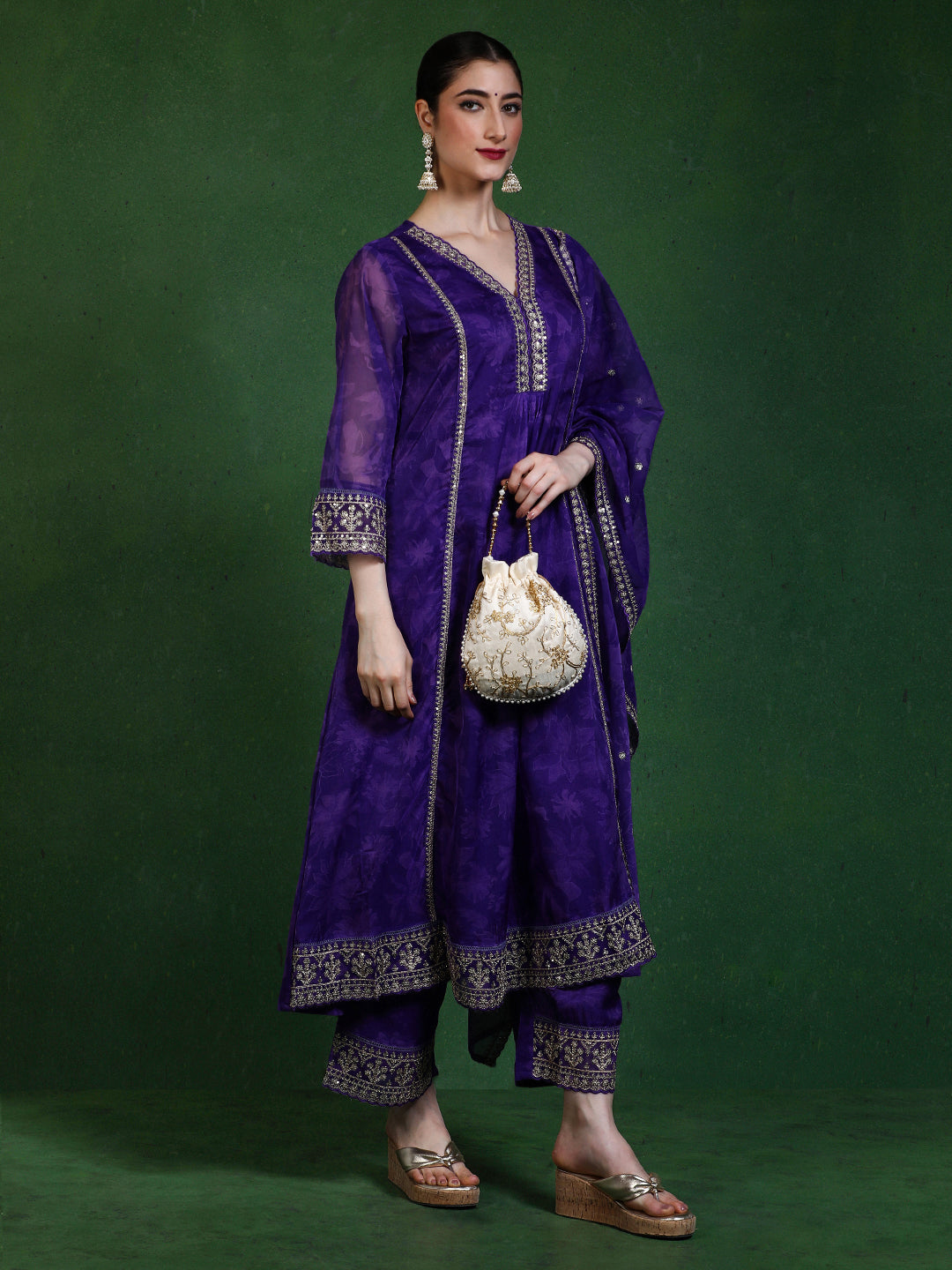 Floral Embroidered A-Line Kurta & Trousers Sets