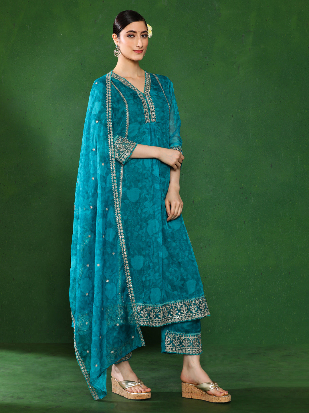 Floral Embroidered A-Line Kurta & Trousers Sets
