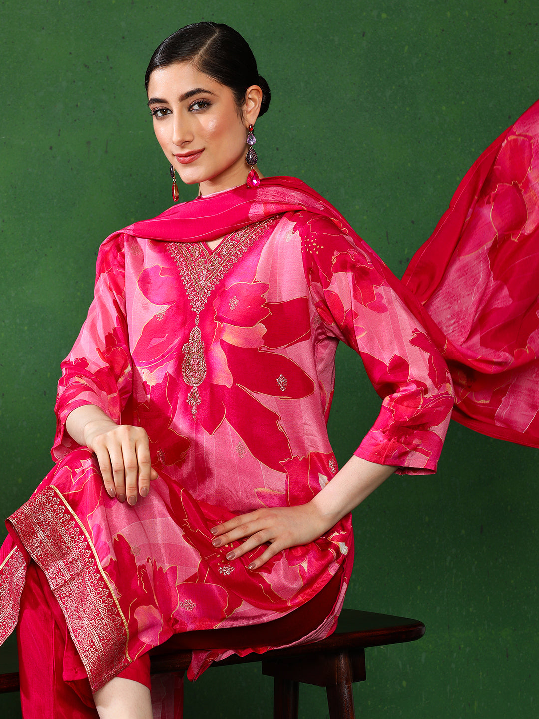 Floral Embroidered A-Line Pure Cotton Kurta & Trousers Sets