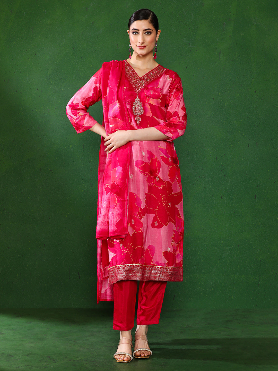 Floral Embroidered A-Line Pure Cotton Kurta & Trousers Sets