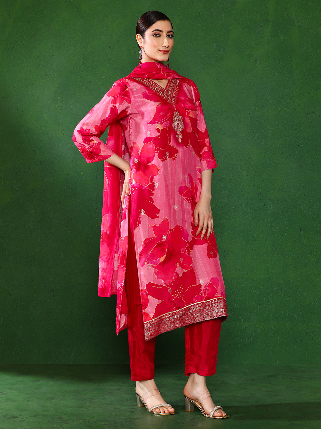 Floral Embroidered A-Line Pure Cotton Kurta & Trousers Sets