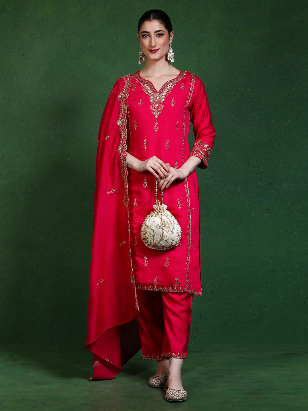 Floral Embroidered Straight Kurta & Trousers Sets