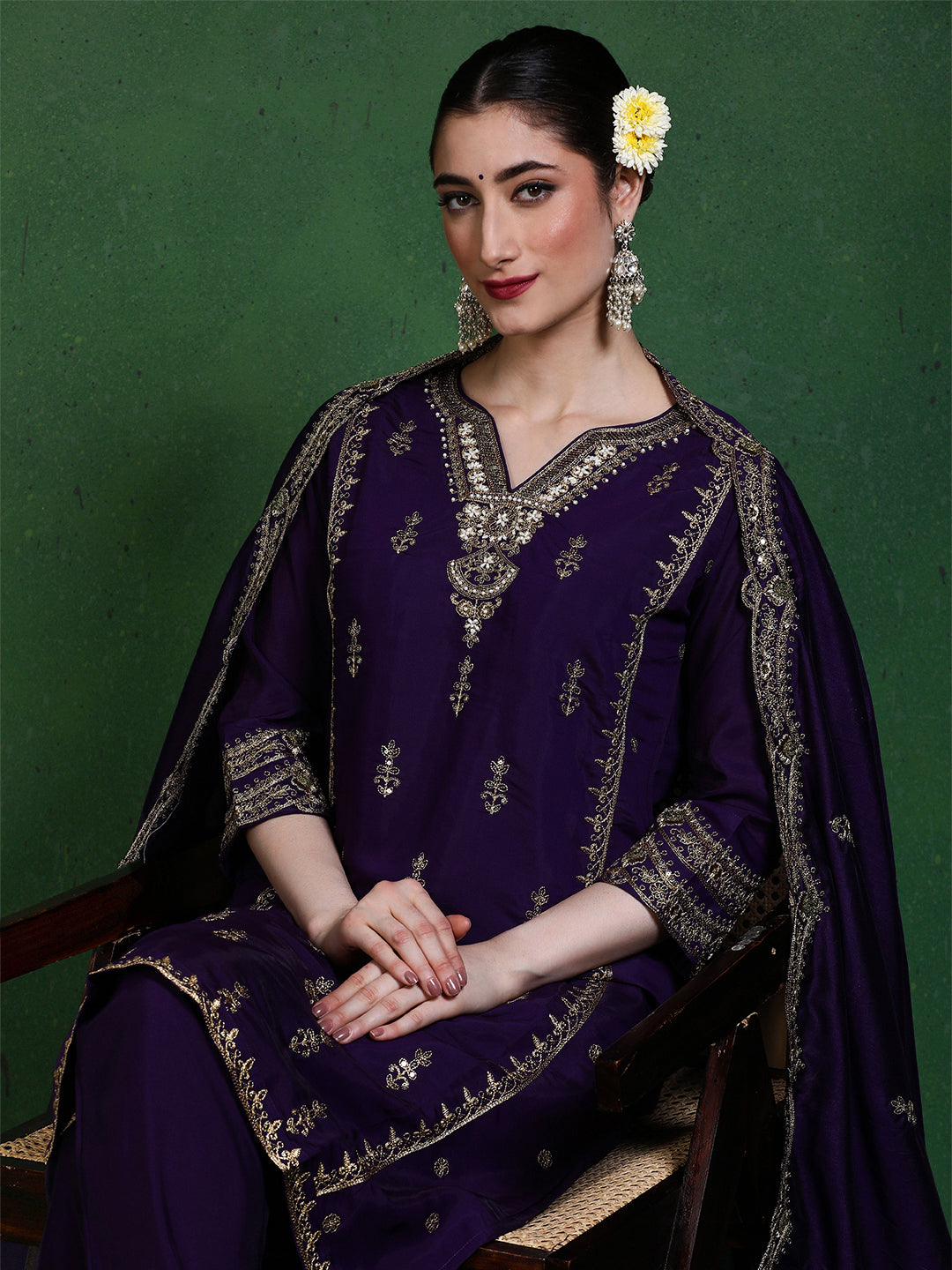 Floral Embroidered Straight Kurta & Trousers Sets