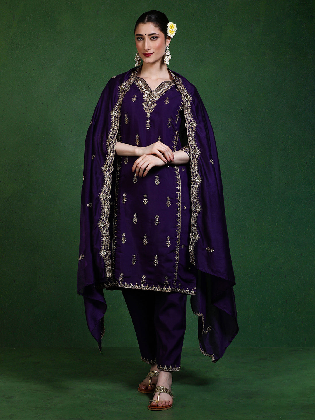 Floral Embroidered Straight Kurta & Trousers Sets