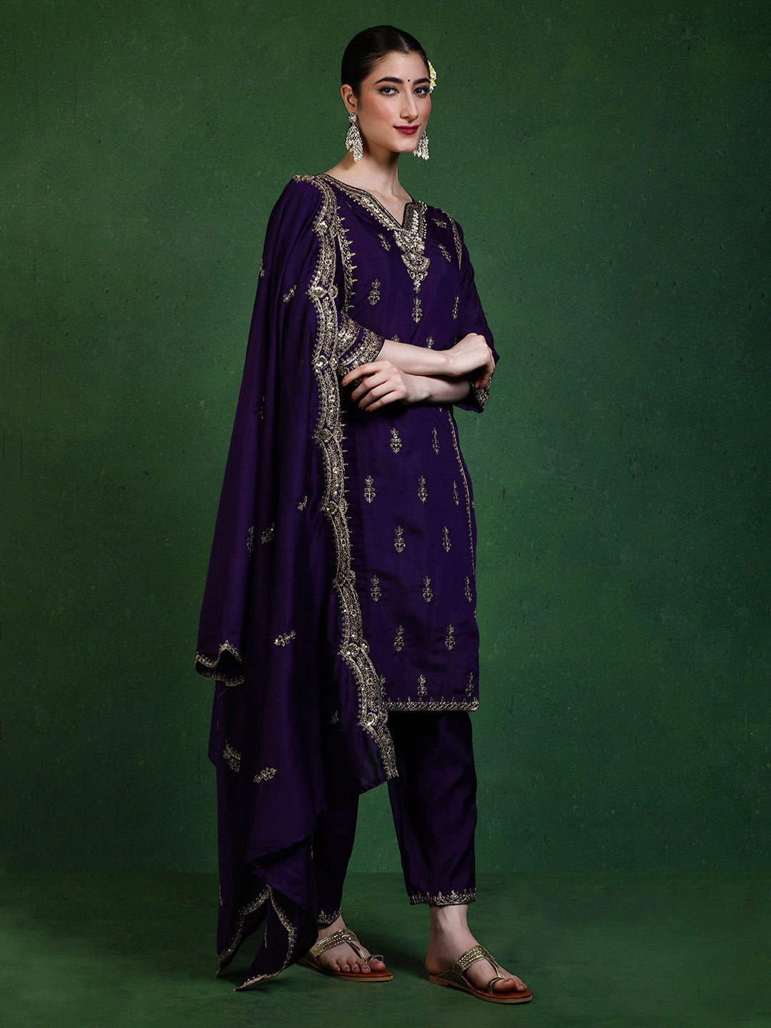 Floral Embroidered Straight Kurta & Trousers Sets