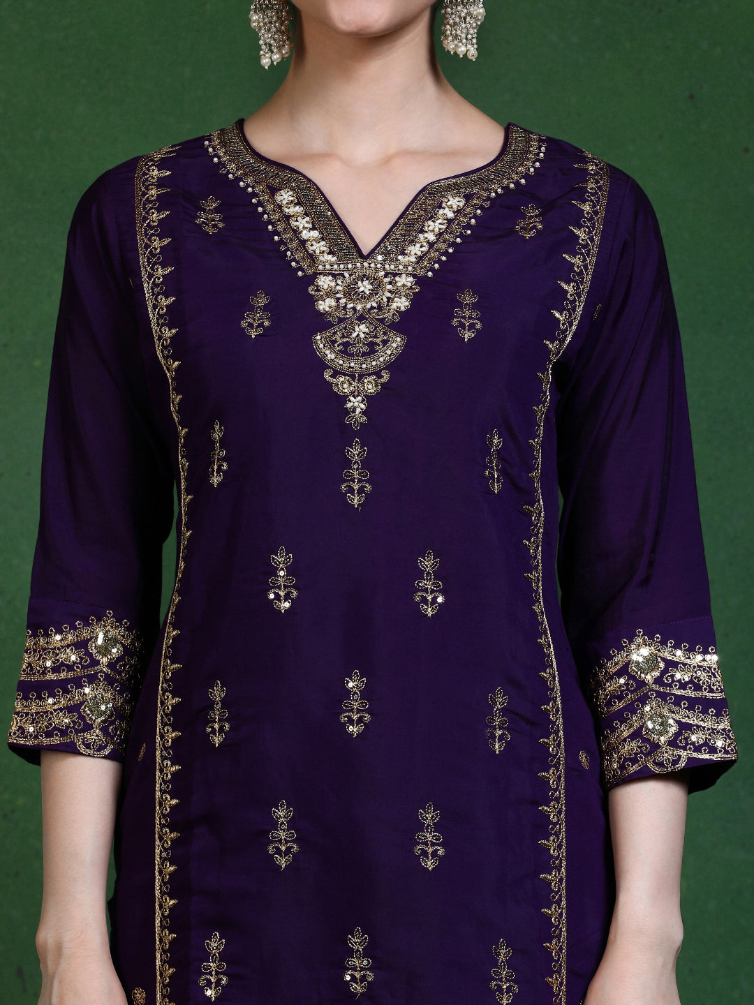 Floral Embroidered Straight Kurta & Trousers Sets