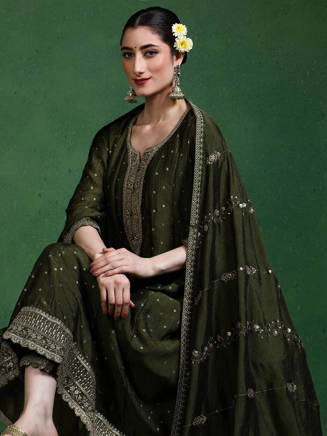 Floral Embroidered A-Line Kurta & Trousers Sets